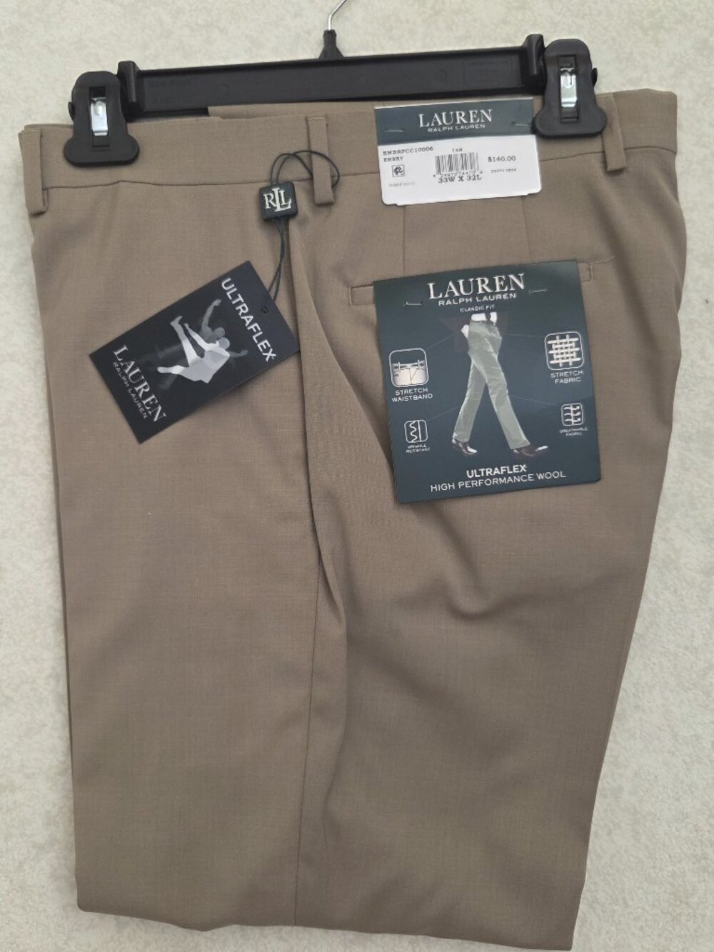 Lauren Ralph Lauren Ultraflex Hi-Perform Dress Slacks Tan 33x32 $65